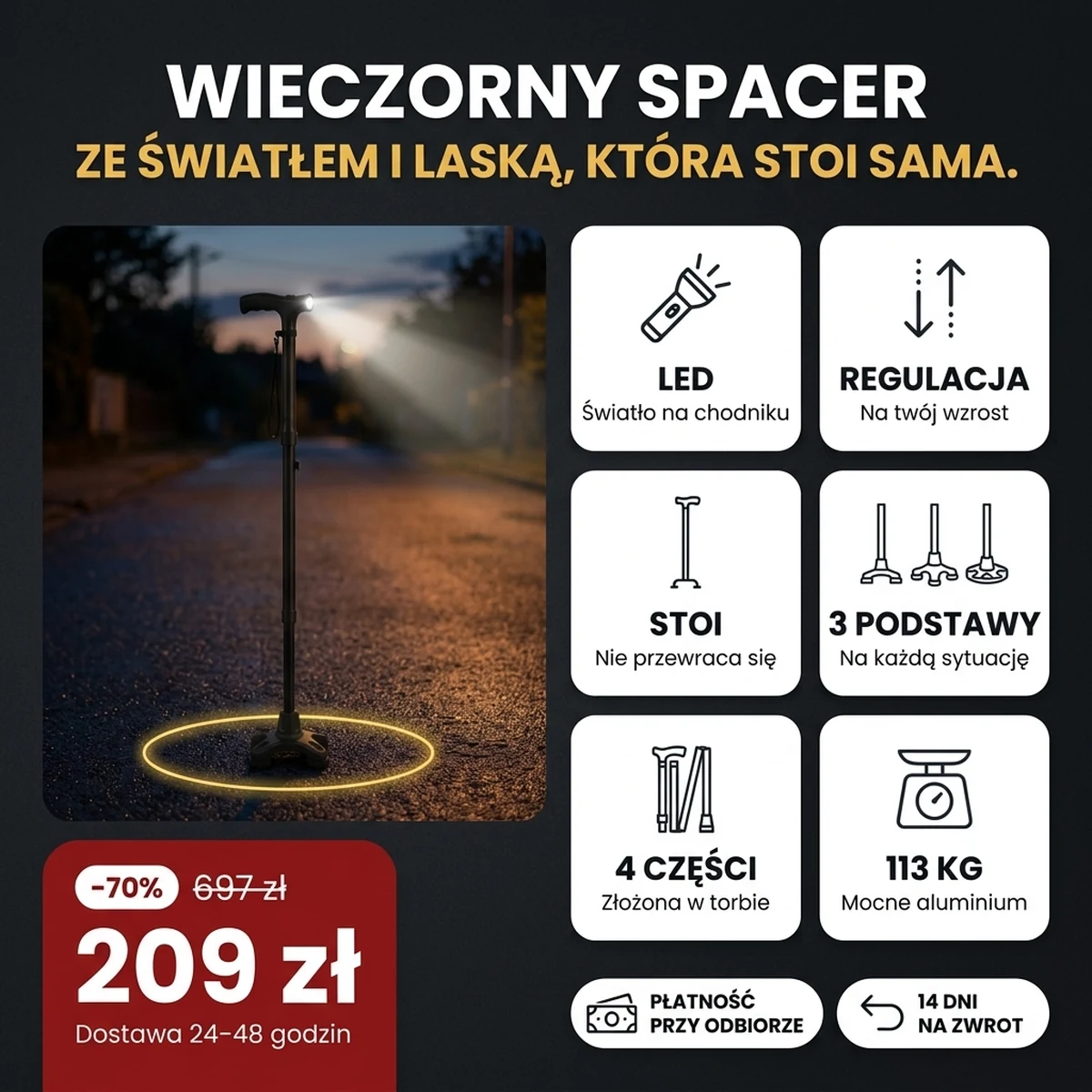 Składana laska ze świecącą diodą LED, na kartach z głównymi cechami