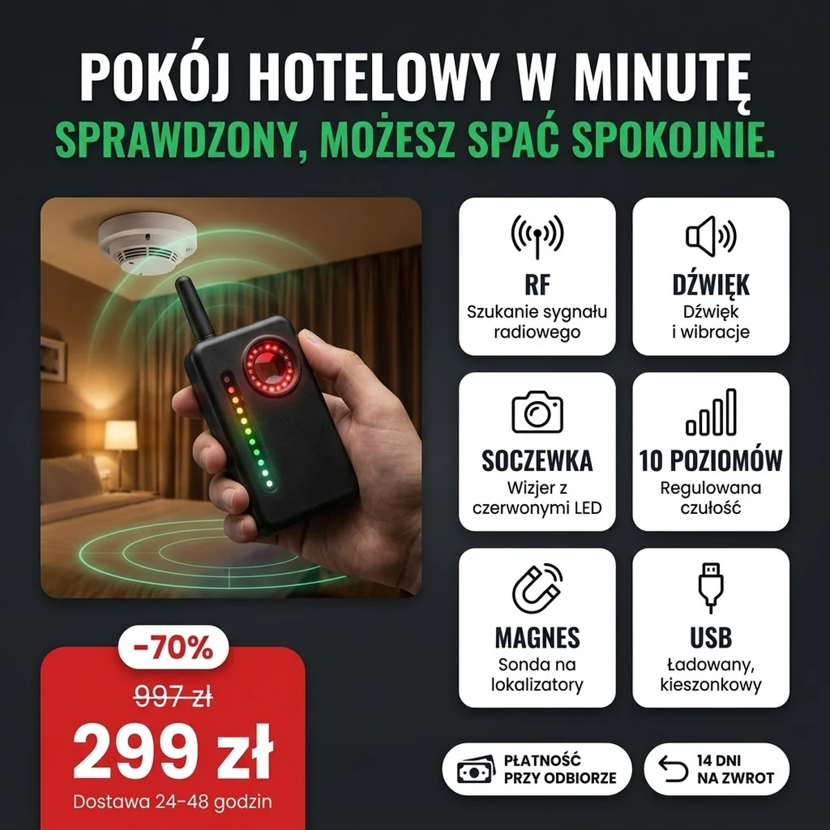 Wykrywacz podsłuchów PRO z anteną i okienkiem wizjera, na kartach z cechami