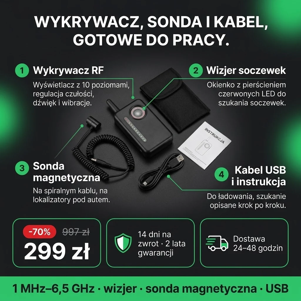 Oferta: Wykrywacz podsłuchów PRO – wykrywacz RF z wizjerem soczewek, sonda magnetyczna i kabel USB, 299 zł zamiast 997 zł, płatność przy odbiorze