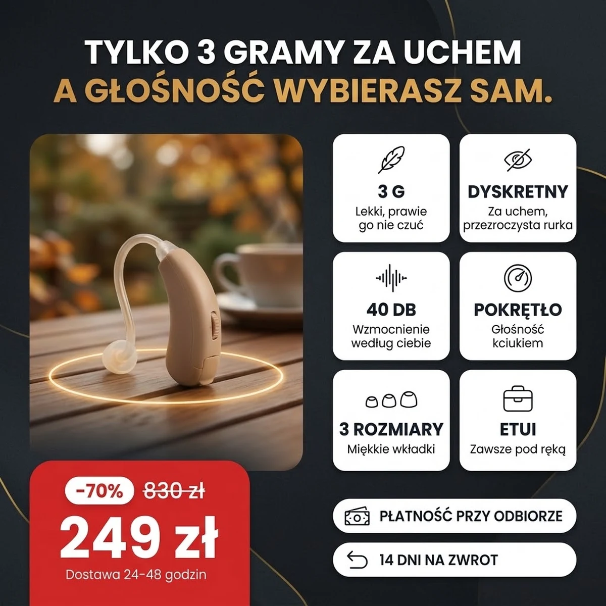 Osobisty wzmacniacz dźwięku PRO w kolorze beżowym z przezroczystą rurką, najważniejsze funkcje na kartach