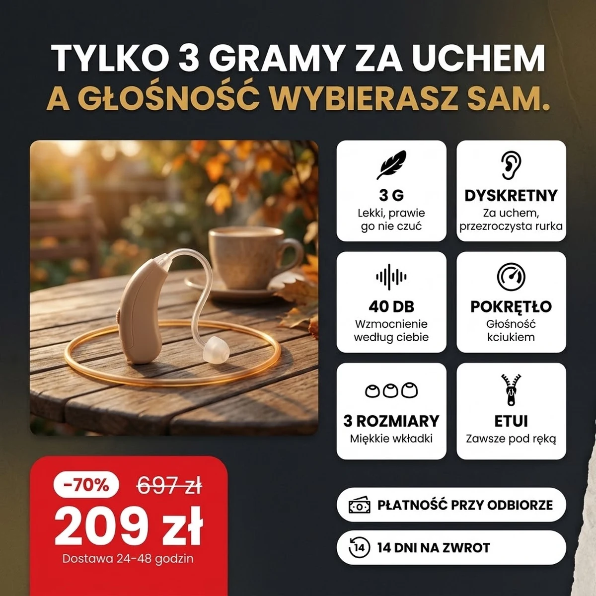 Osobisty wzmacniacz dźwięku PRO w kolorze beżowym z przezroczystą rurką, najważniejsze funkcje na kartach