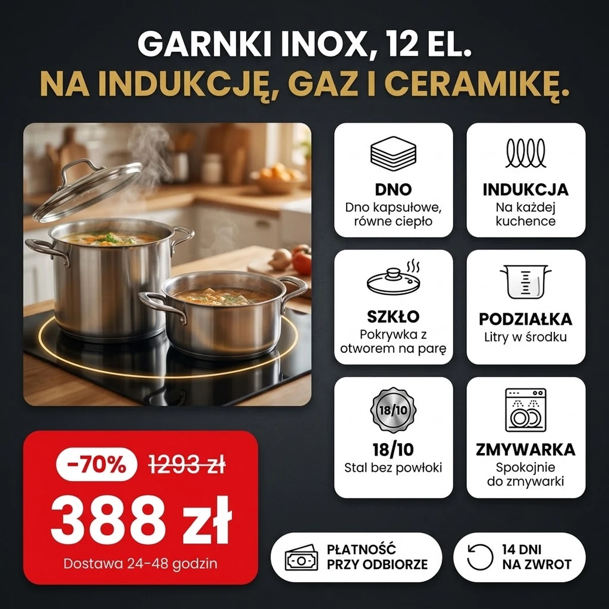 Zestaw garnków ze stali nierdzewnej 12 elementów ze szklanymi pokrywkami, na kartach z cechami