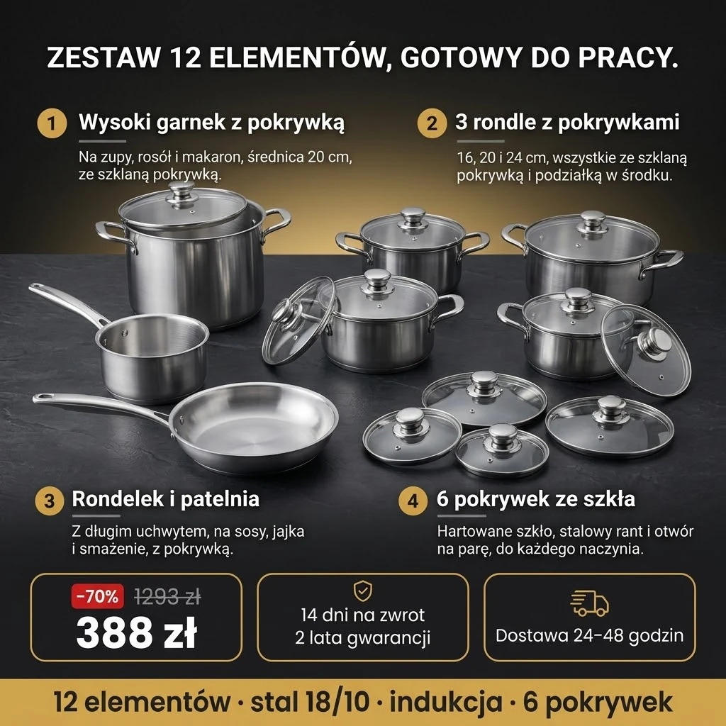 Oferta: Zestaw garnków 12 el. – wysoki garnek, trzy rondle, rondelek, patelnia i sześć szklanych pokrywek, 388 zł zamiast 1293 zł, płatność przy odbiorze