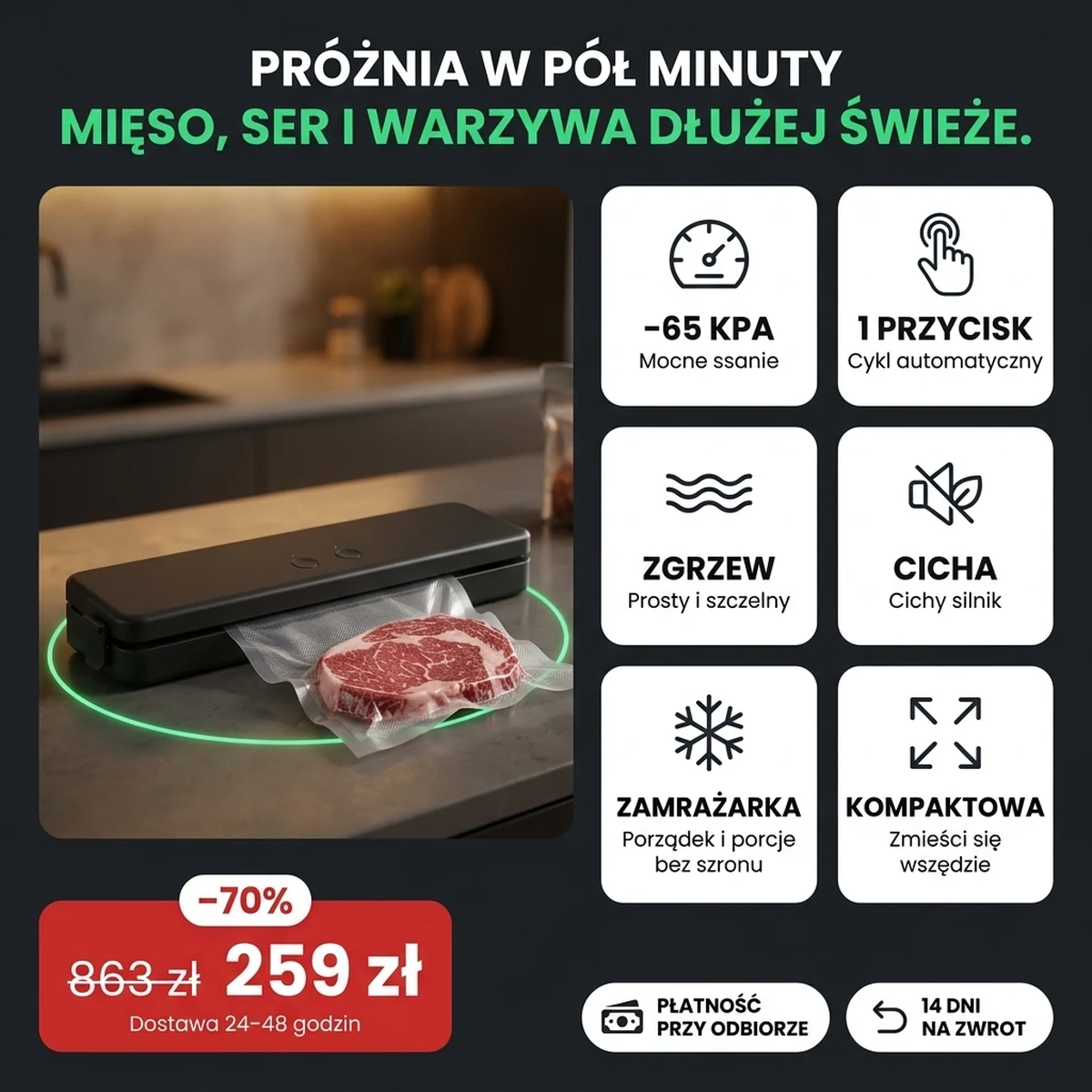 Zgrzewarka próżniowa z woreczkiem i stekiem, na kartach z głównymi cechami