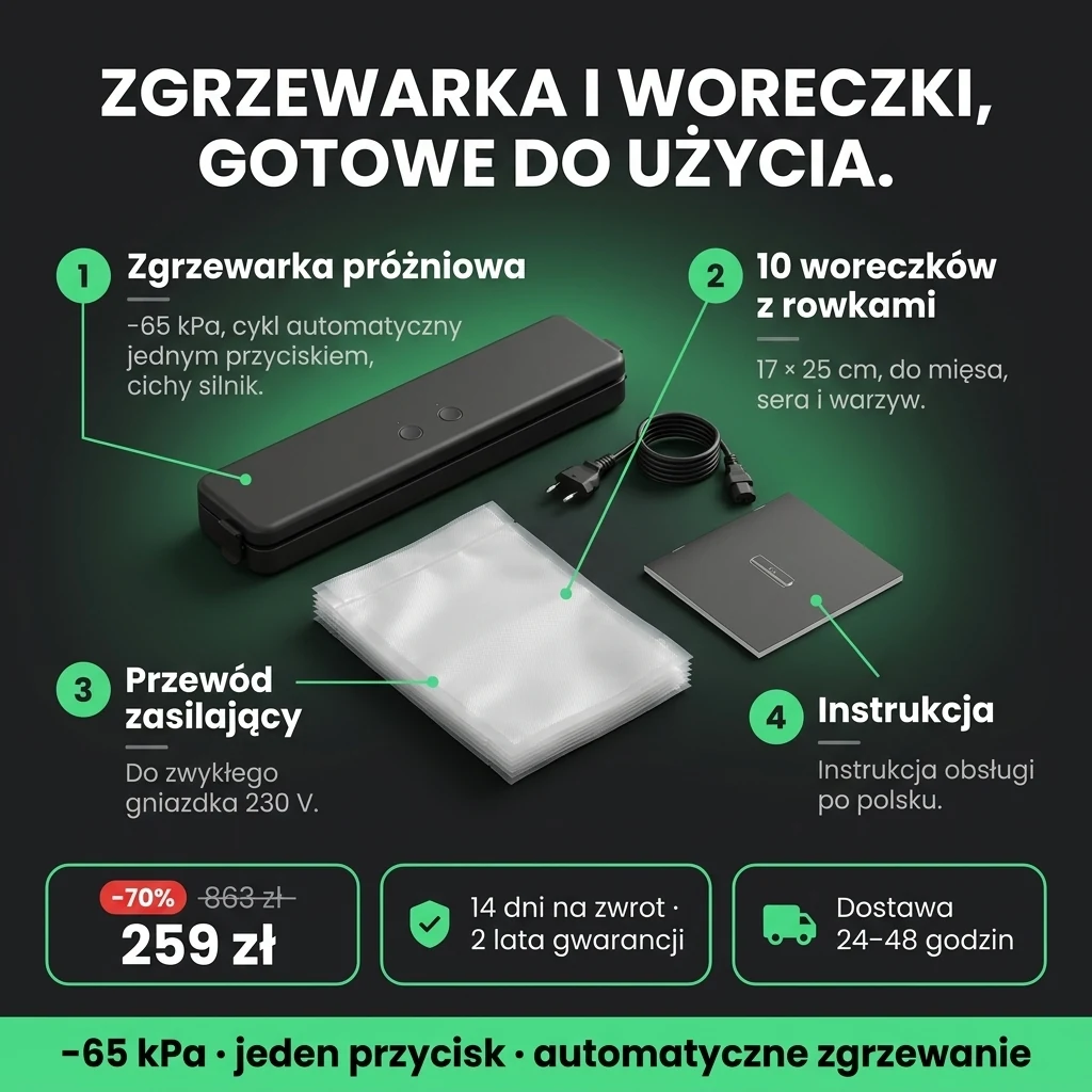 Oferta: Zgrzewarka próżniowa – zgrzewarka próżniowa i 10 woreczków 17 × 25 cm, 259 zł zamiast 863 zł, płatność przy odbiorze