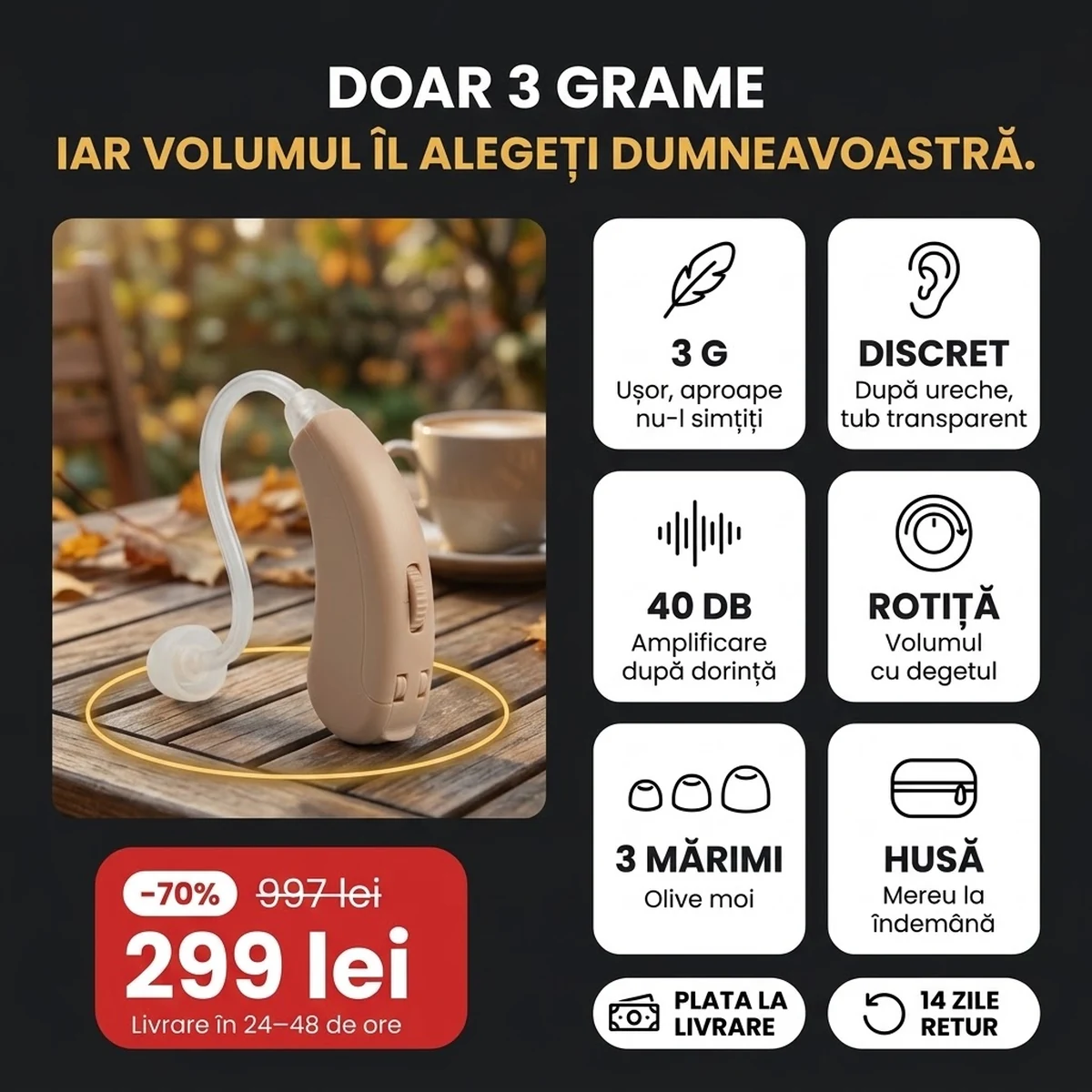 Amplificator de sunet personal PRO bej cu tub transparent, principalele funcții pe carduri