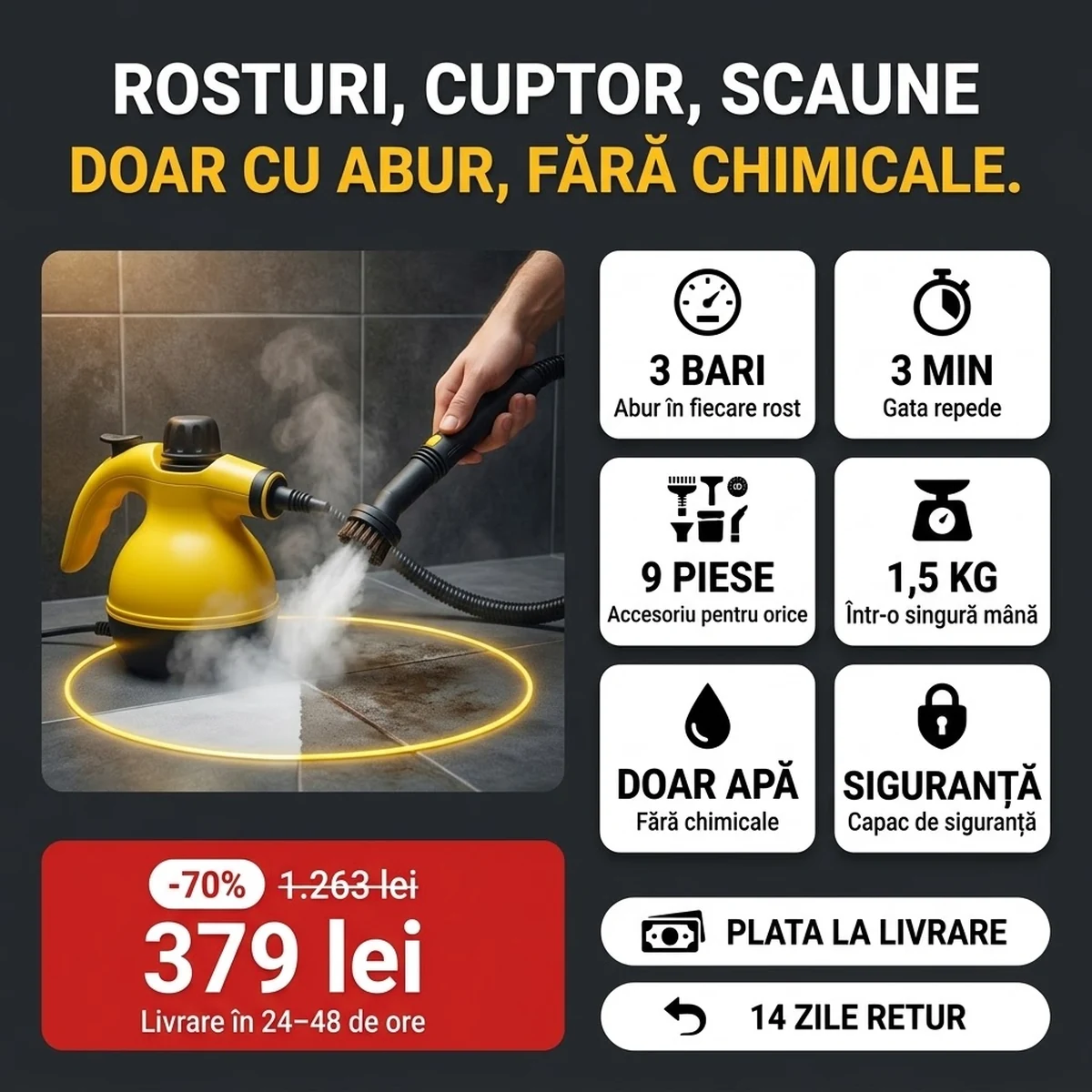 Aparat cu abur PRO cu accesorii, principalele funcții pe carduri
