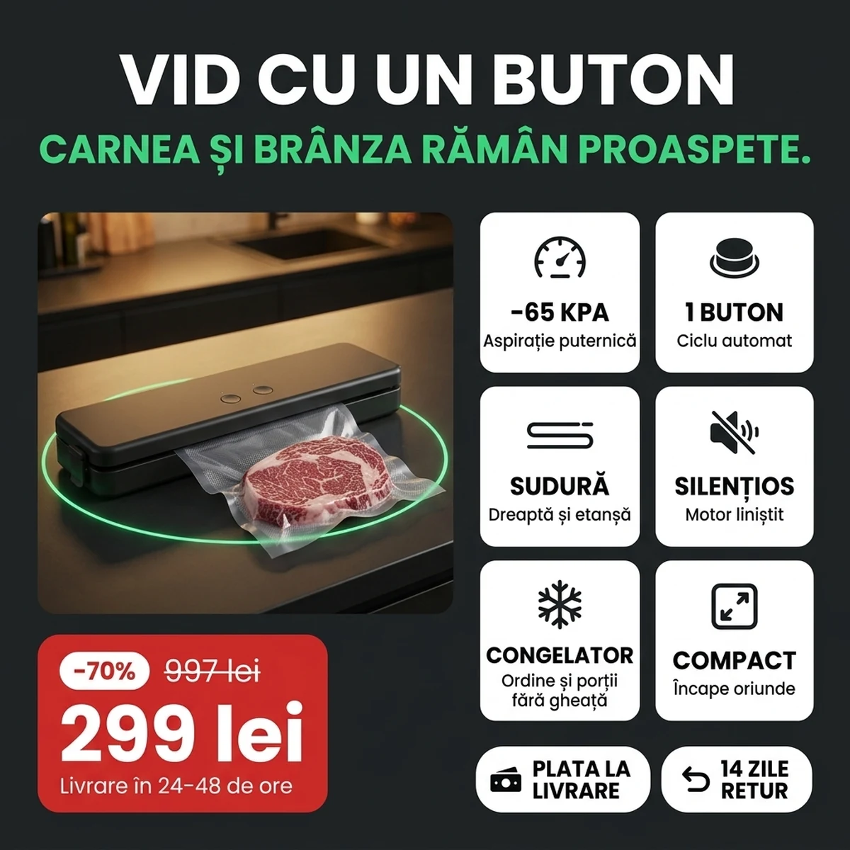 Aparat de vidat cu pungă și friptură, pe cardurile caracteristicilor principale