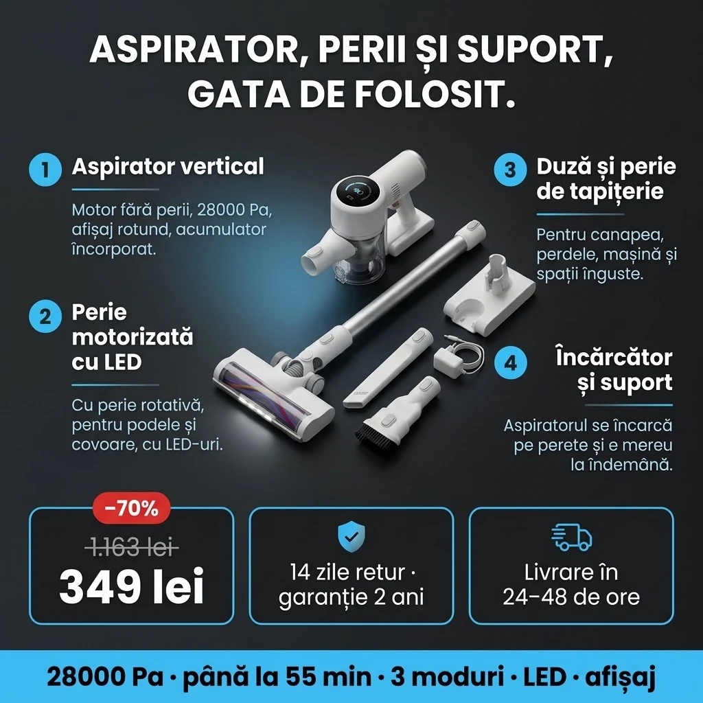 Aspirator vertical LED – ofertă: aspirator vertical, perie LED, duză pentru colțuri, perie pentru tapițerie, încărcător și suport, 349 lei în loc de 1.163 lei, plata la livrare