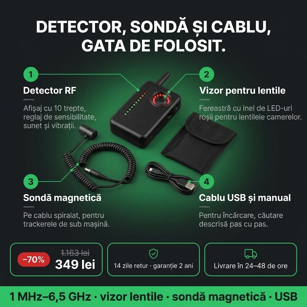 Detector de camere ascunse – ofertă: detector RF cu vizor pentru lentile, sondă magnetică și cablu USB, 349 lei în loc de 1.163 lei, plata la livrare