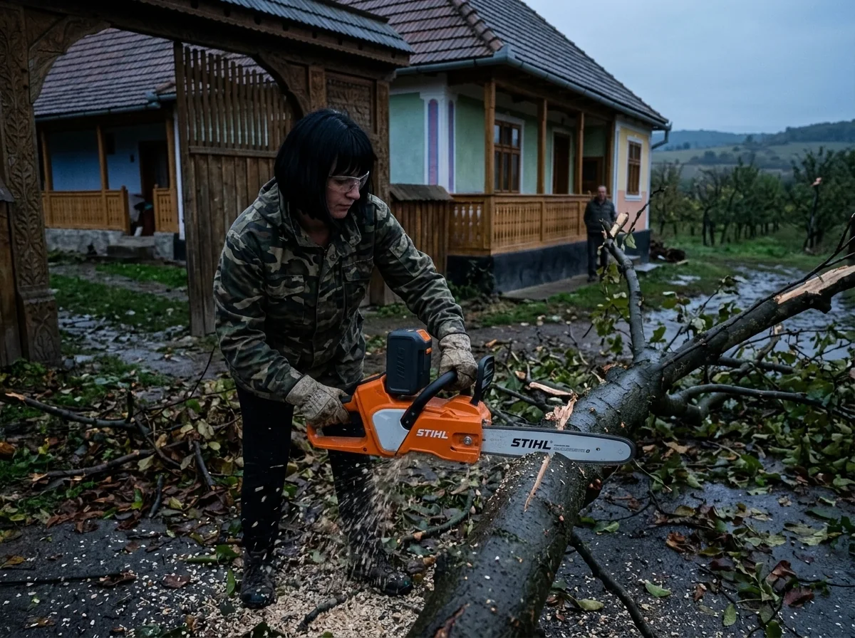 Creangă în fața porții după furtună