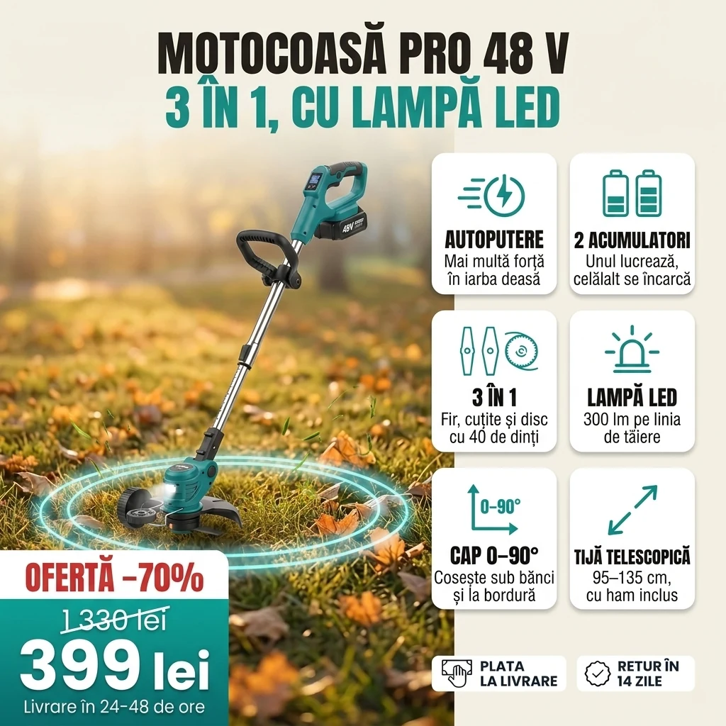 Motocoasa cu acumulator PRO cu doi acumulatori, fir, cuțite și disc, cu principalele caracteristici pe carduri