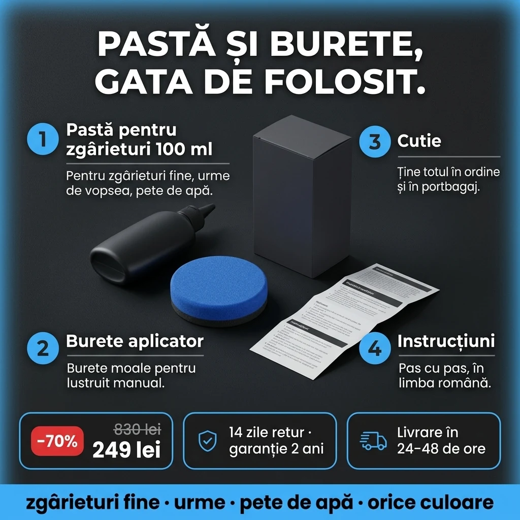 Pastă pentru zgârieturi – ofertă: pastă pentru zgârieturi 100 ml și burete aplicator, 249 lei în loc de 830 lei, plata la livrare