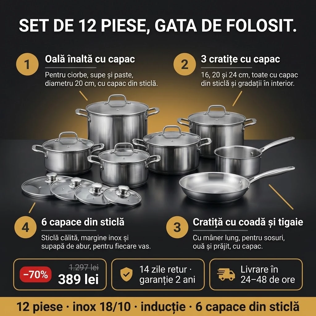 Set de oale inox 12 piese – ofertă: oală înaltă, trei cratițe, cratiță cu coadă, tigaie și șase capace din sticlă, 389 lei în loc de 1.297 lei, plata la livrare