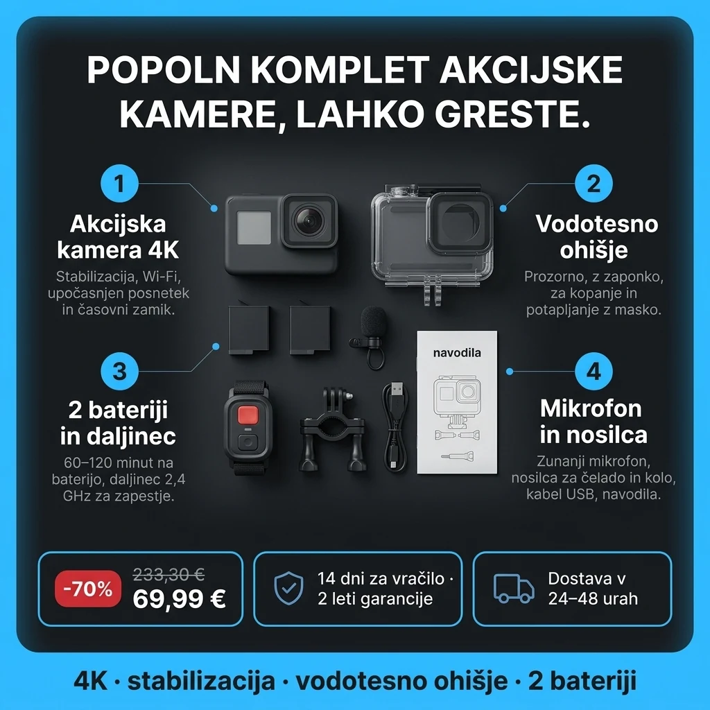 Akcijska kamera 4K – ponudba: akcijska kamera 4K, vodotesno ohišje, 2 bateriji, daljinec in nosilca, 69,99 € namesto 233,30 €, plačilo ob prevzemu