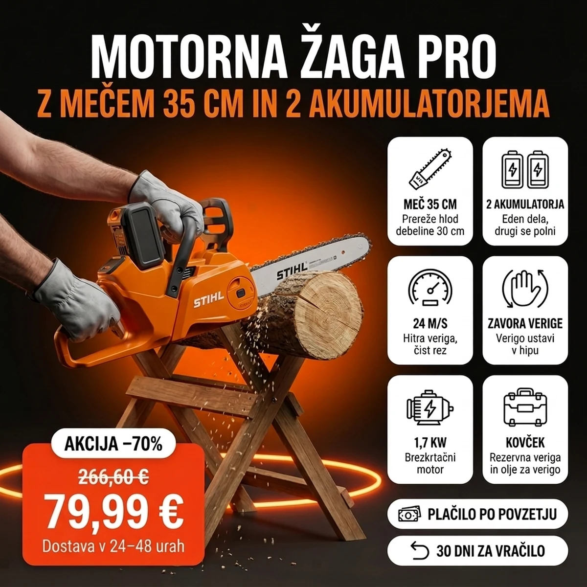 Akumulatorska motorna žaga PRO z dvema akumulatorjema, na karticah glavnih lastnosti