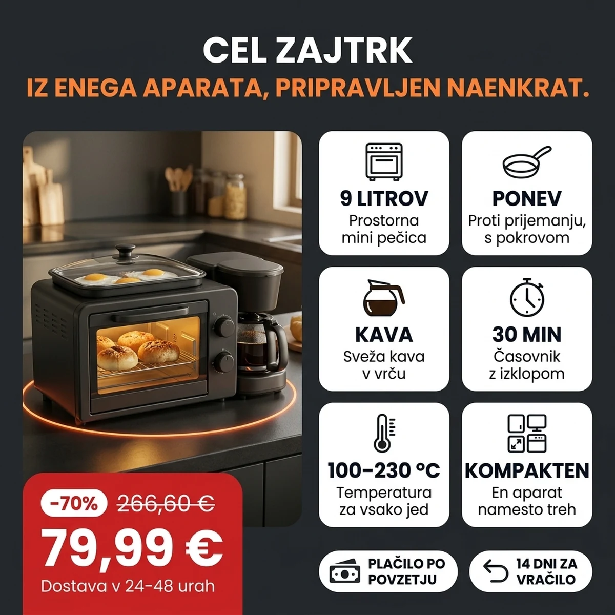 Aparat za zajtrk 3 v 1 s pečico, ponvijo in kavnim aparatom, na karticah glavnih lastnosti