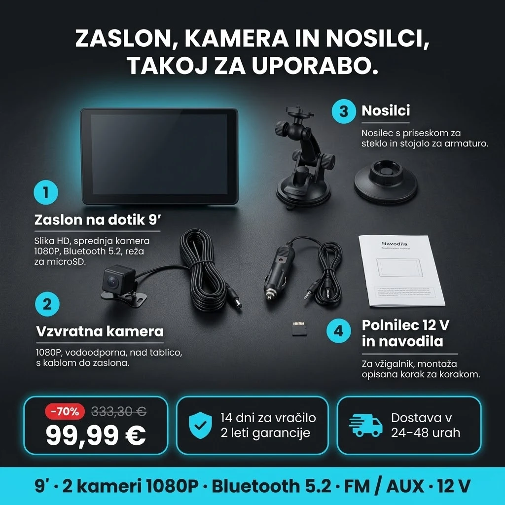 Avtomobilski zaslon PRO – ponudba: zaslon 9", vzvratna kamera, nosilci in polnilec 12 V, 99,99 € namesto 333,30 €, plačilo ob prevzemu