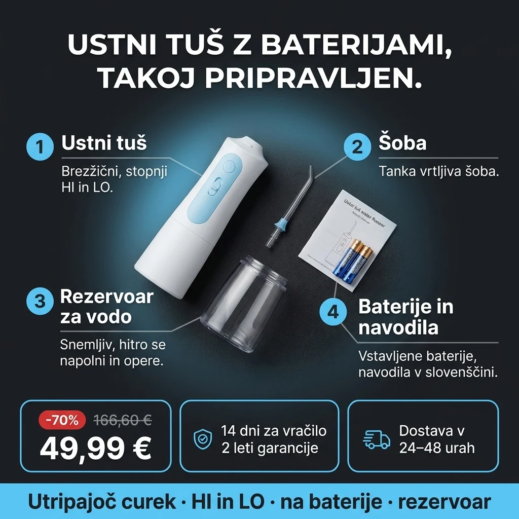 Brezžični ustni tuš – ponudba: brezžični ustni tuš na baterije s snemljivim rezervoarjem, 49,99 € namesto 166,60 €, plačilo ob prevzemu