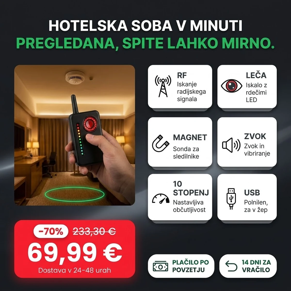 Detektor prisluškoval PRO z anteno in okencem iskala, na karticah glavnih lastnosti