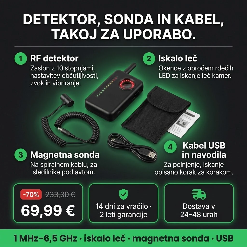 Detektor prisluškoval PRO – ponudba: RF detektor z iskalom leč, magnetna sonda in kabel USB, 69,99 € namesto 233,30 €, plačilo ob prevzemu