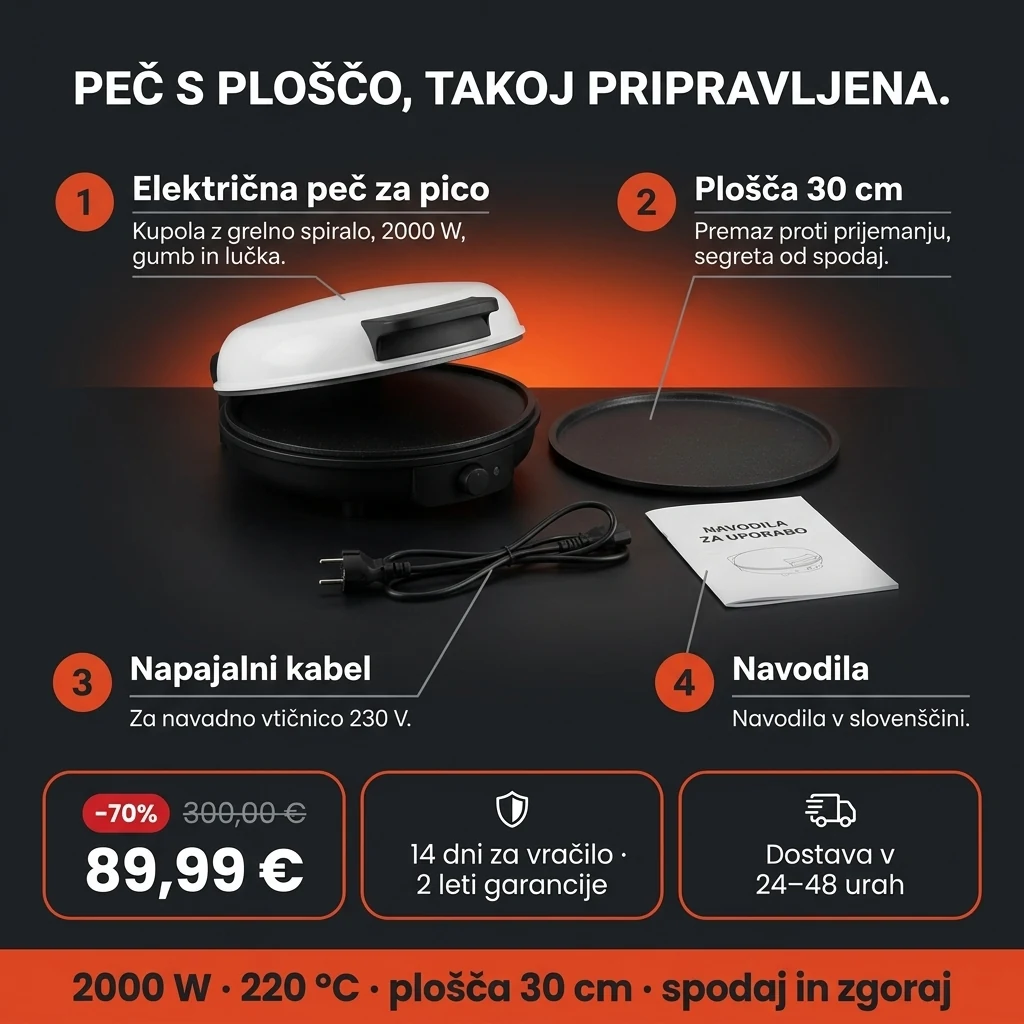 Električna peč za pico – ponudba: električna peč za pico s ploščo proti prijemanju 30 cm, 89,99 € namesto 300,00 €, plačilo ob prevzemu