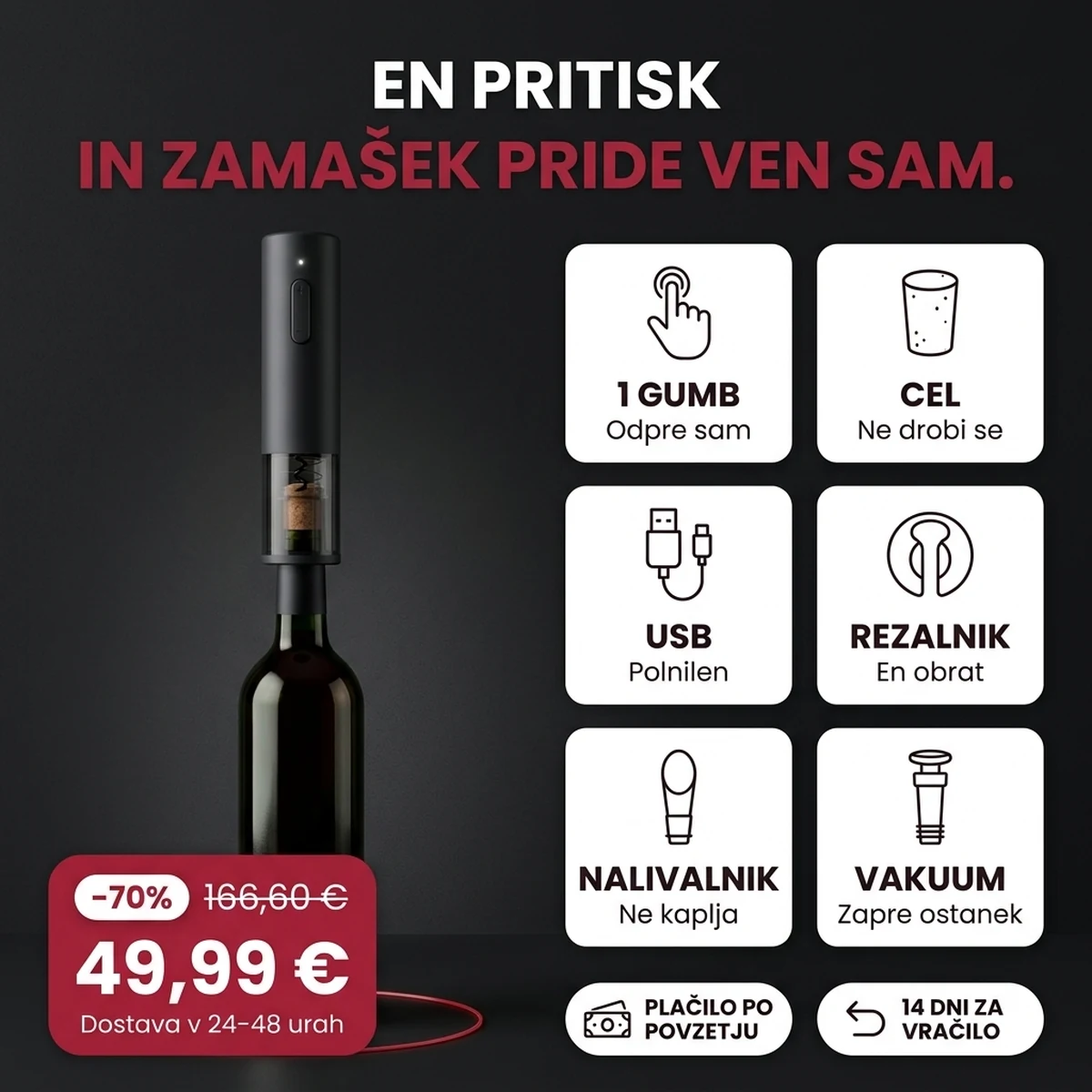 Črn električni odpirač za vino: odpirač, rezalnik, nalivalnik, vakuumski zamašek, na karticah lastnosti