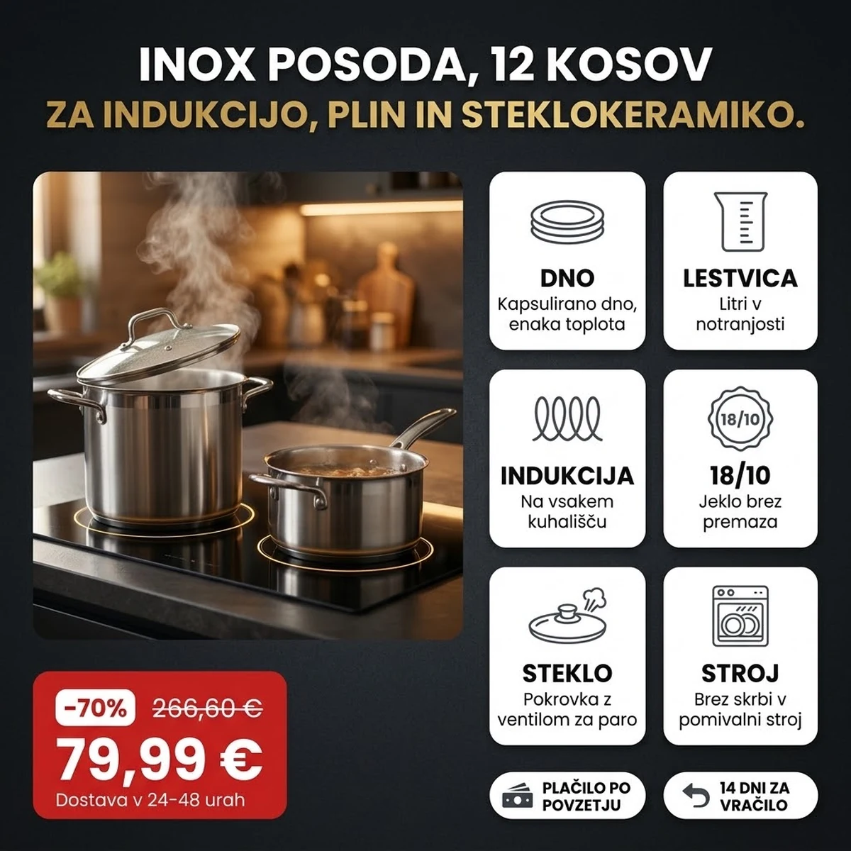 Komplet posode iz nerjavečega jekla, 12 kosov s steklenimi pokrovkami, na karticah lastnosti