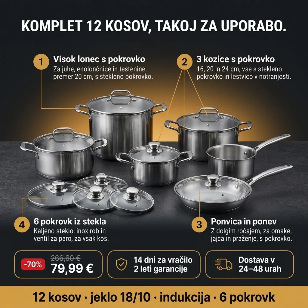 Komplet posode 12 kosov – ponudba: visok lonec, tri kozice, ponvica, ponev in šest steklenih pokrovk, 79,99 € namesto 266,60 €, plačilo ob prevzemu