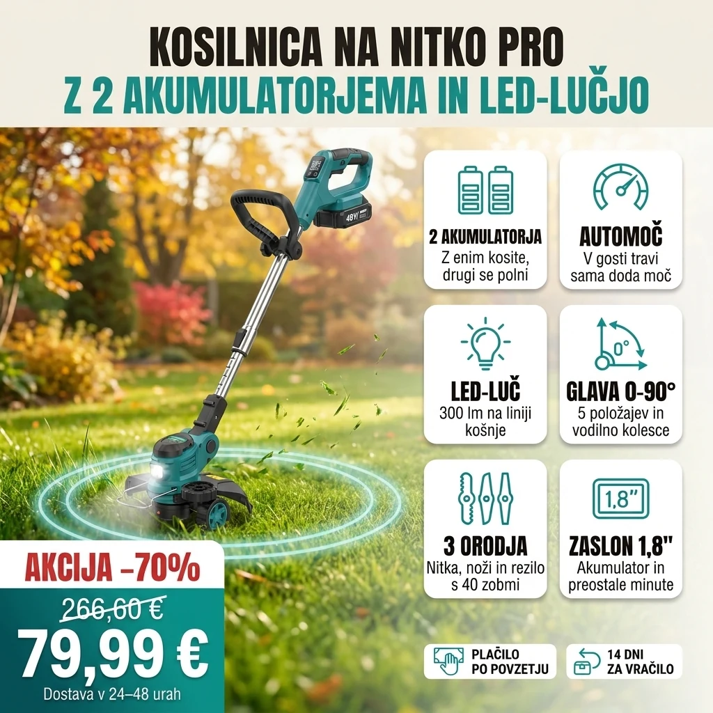 Kosilnica na nitko PRO z dvema akumulatorjema in LED-lučjo, na karticah glavnih lastnosti