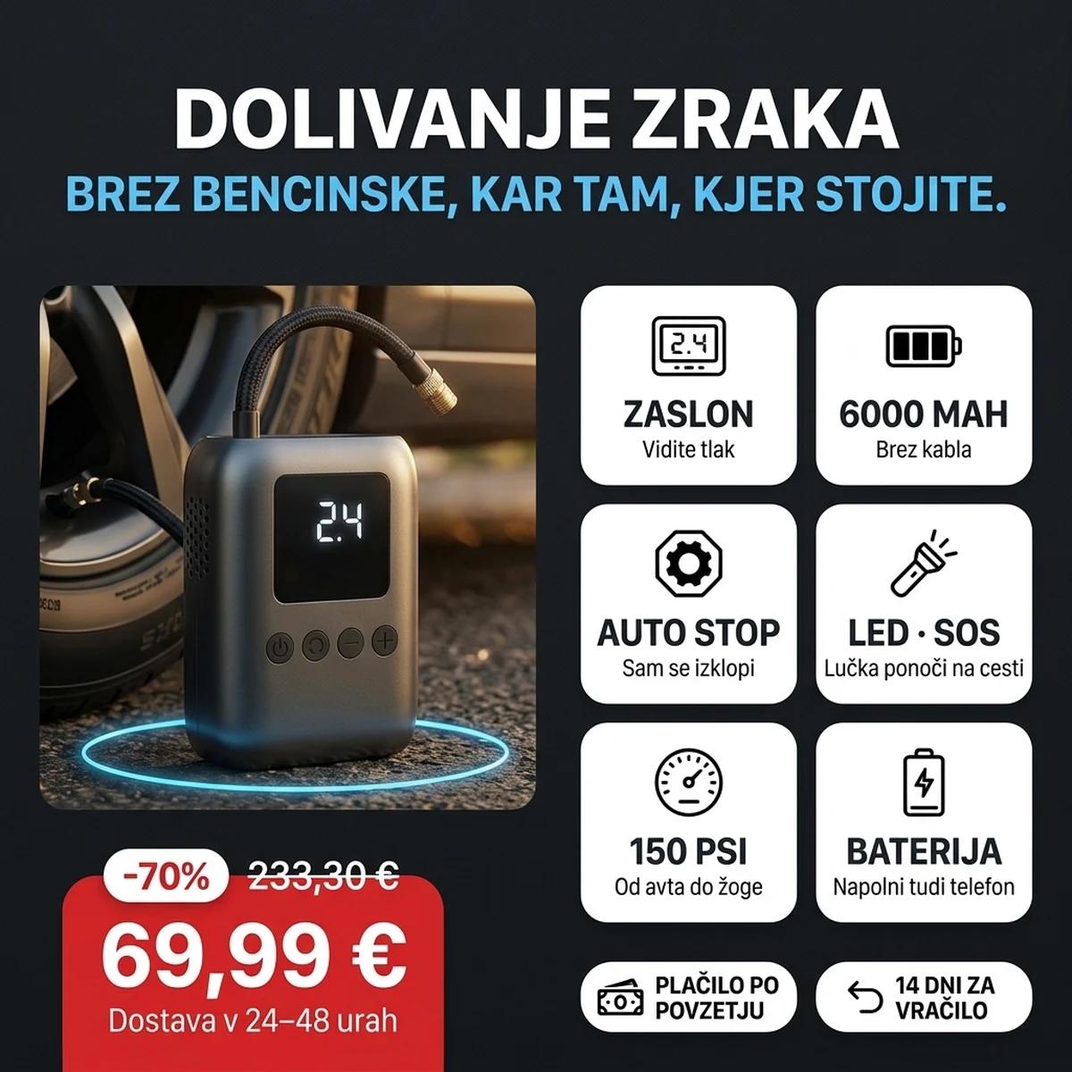 Mini kompresor na baterijo z zaslonom, na karticah glavnih lastnosti