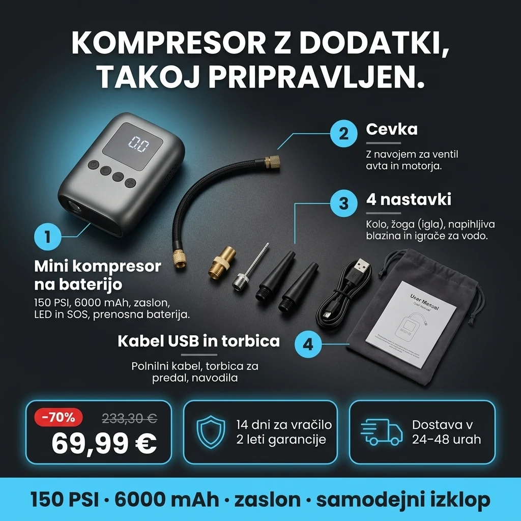 Mini kompresor na baterijo – ponudba: mini kompresor na baterijo z zaslonom, cevka in 4 nastavki, 69,99 € namesto 233,30 €, plačilo ob prevzemu