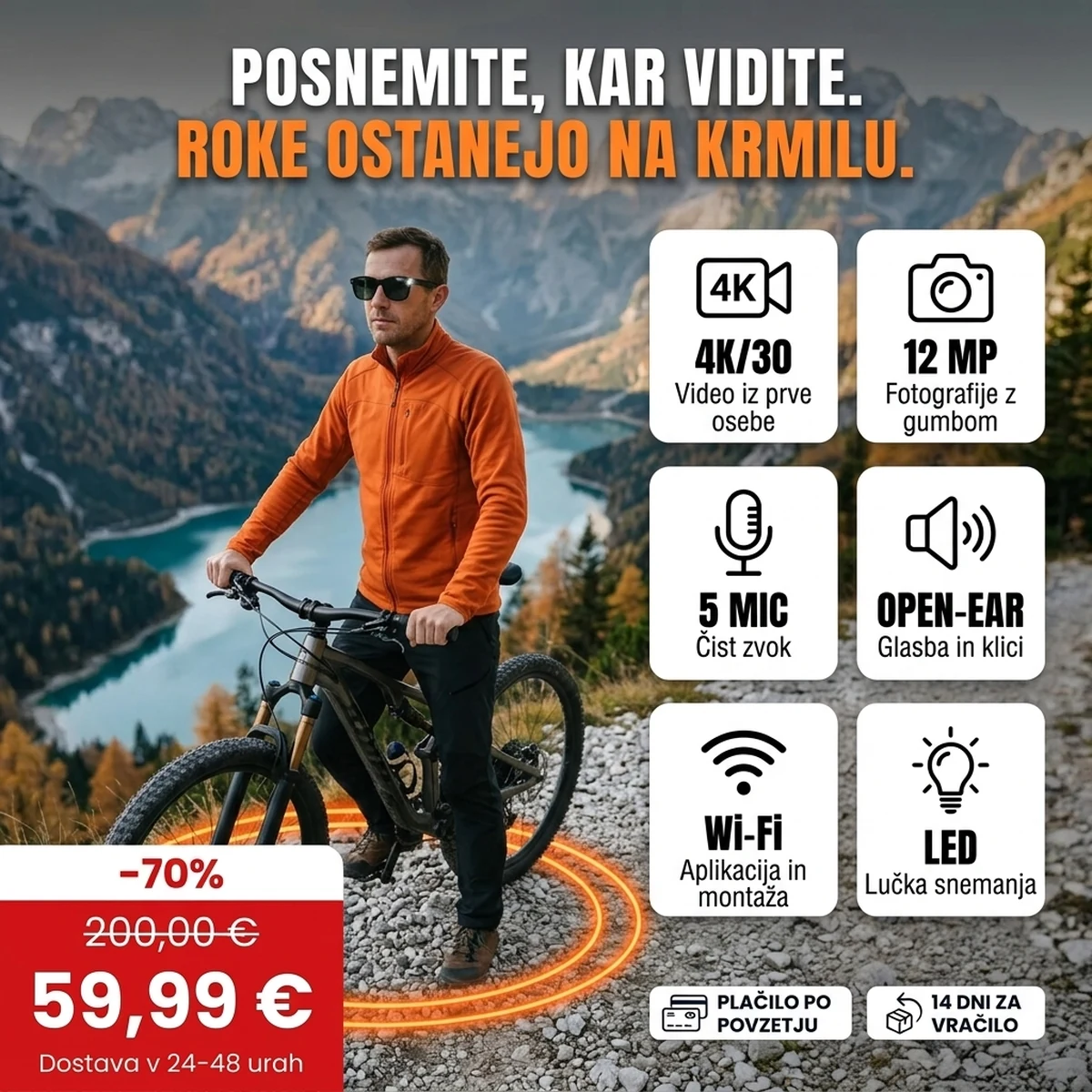 Očala s kamero 4K PRO: glavne lastnosti na karticah in akcijska cena