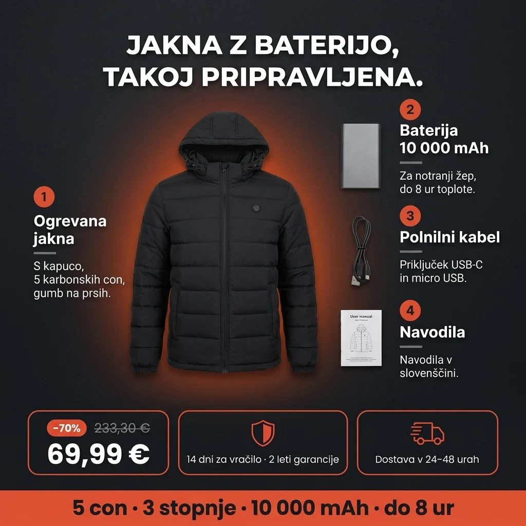 Ogrevana jakna – ponudba: ogrevana jakna z baterijo 10 000 mAh, 69,99 € namesto 233,30 €, plačilo ob prevzemu