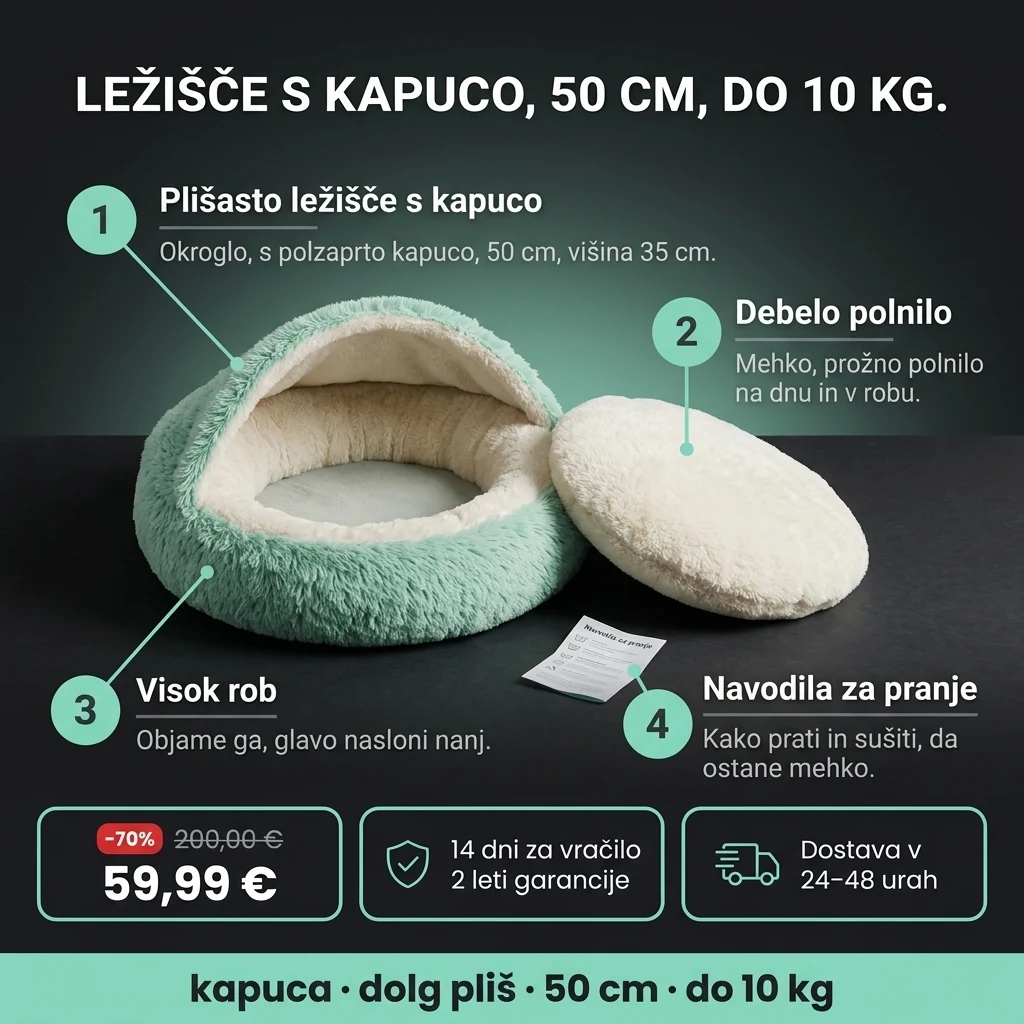 Plišasto ležišče s kapuco – ponudba: okroglo plišasto ležišče s kapuco, 50 cm, 59,99 € namesto 200,00 €, plačilo ob prevzemu