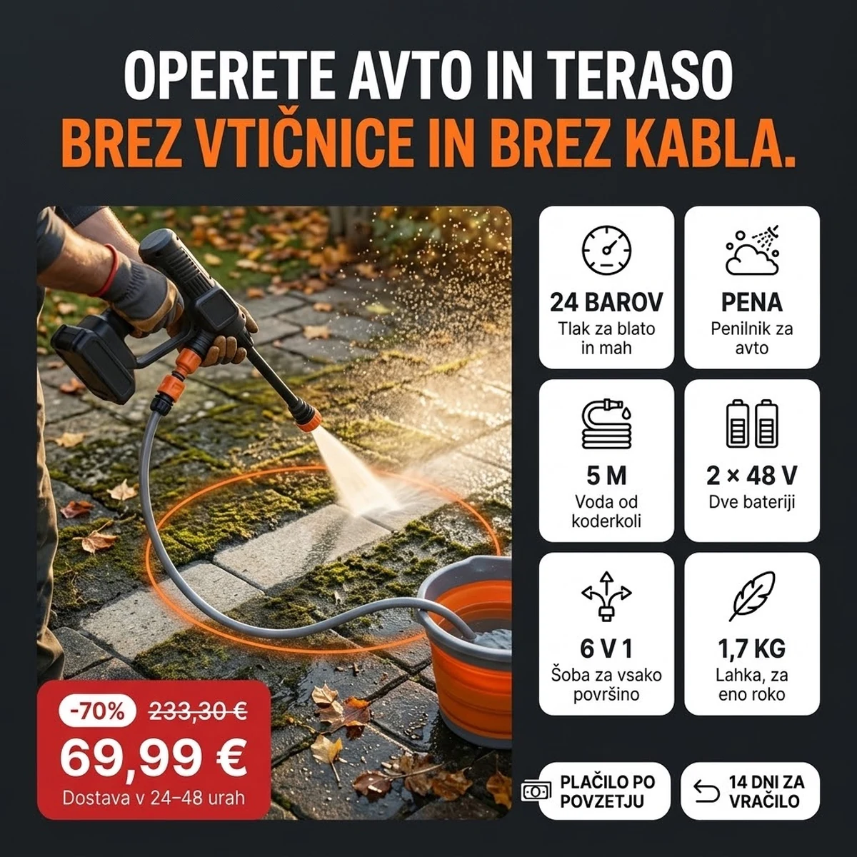Akumulatorski visokotlačni čistilnik PRO s šobo, penilnikom in dvema baterijama, glavne lastnosti na karticah