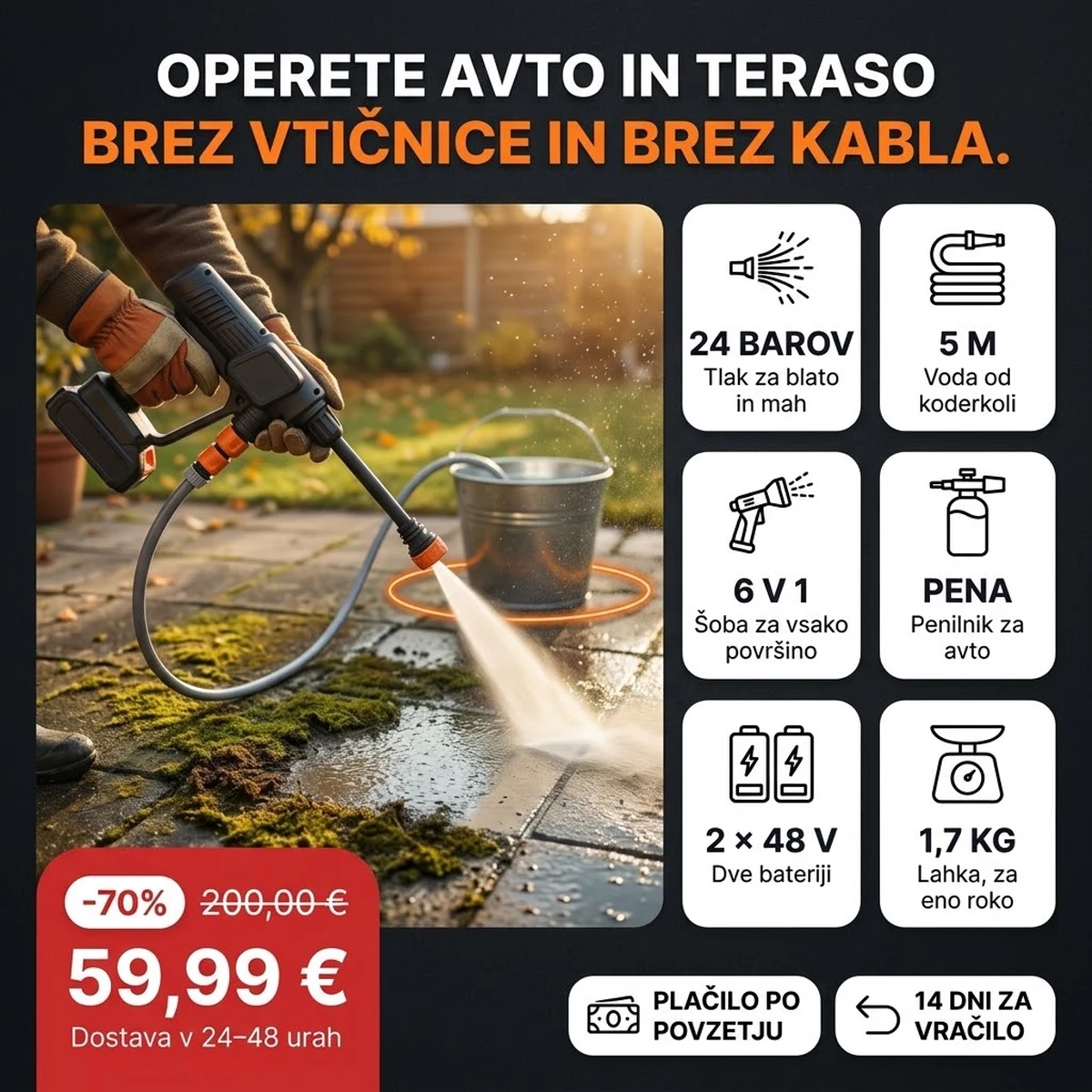 Akumulatorski visokotlačni čistilnik PRO s šobo, penilnikom in dvema baterijama, glavne lastnosti na karticah