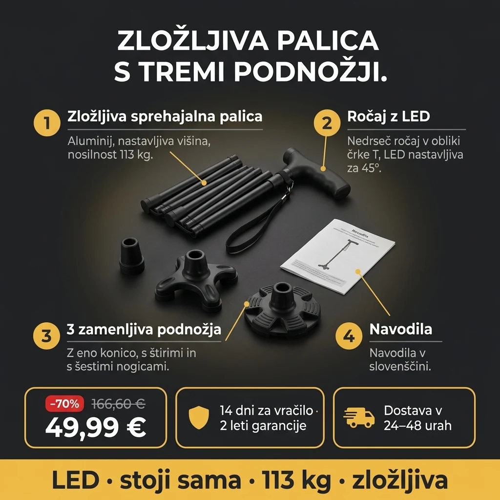 Zložljiva palica z LED – ponudba: zložljiva sprehajalna palica z LED ročajem in 3 podnožji, 49,99 € namesto 166,60 €, plačilo ob prevzemu