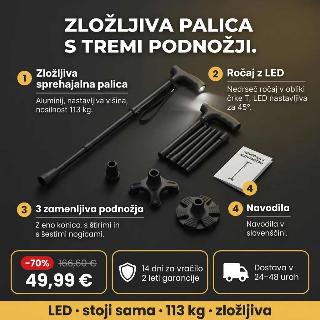 Zložljiva palica z LED – ponudba: zložljiva sprehajalna palica z LED ročajem in 3 podnožji, 49,99 € namesto 166,60 €, plačilo ob prevzemu