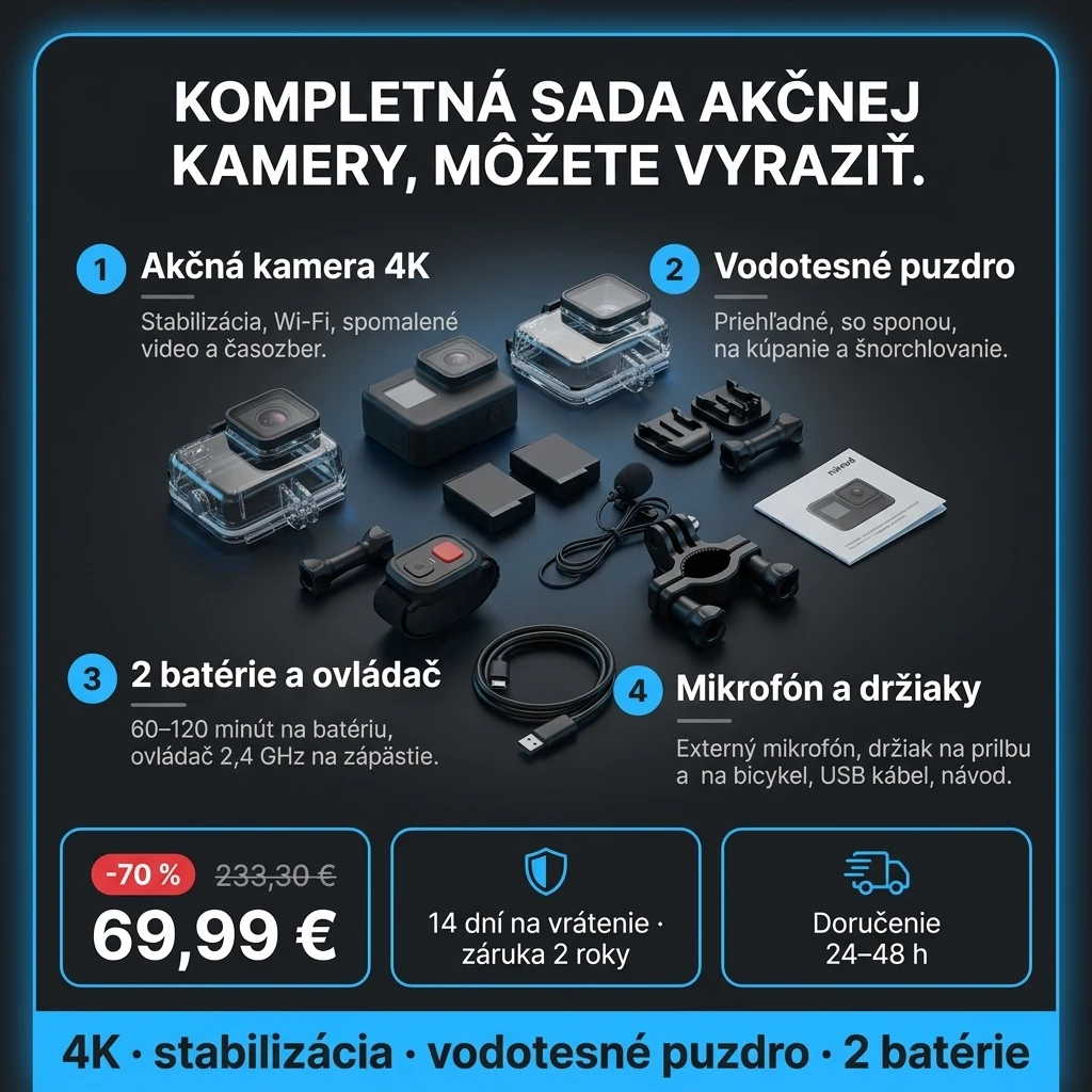Akčná kamera 4K – ponuka: akčná kamera 4K, vodotesné puzdro, 2 batérie, ovládač a držiaky, 69,99 € namiesto 233,30 €, platba pri prevzatí