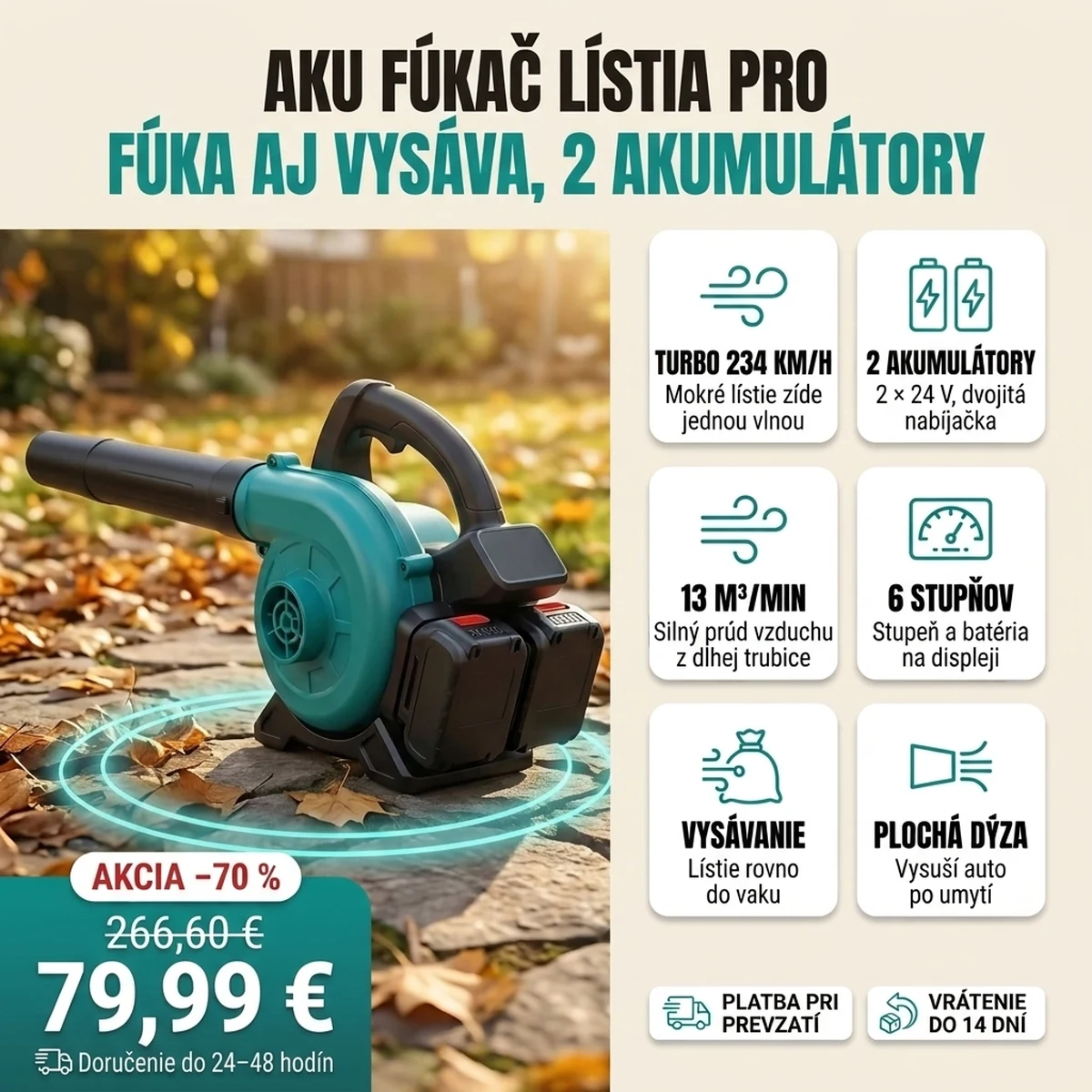 Aku fúkač lístia PRO v režime Turbo na mokrej príjazdovej ceste, s kartami hlavných funkcií