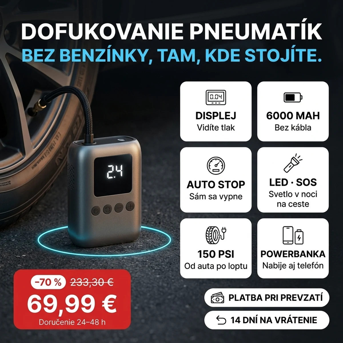Aku minikompresor s displejom, na kartách hlavných vlastností