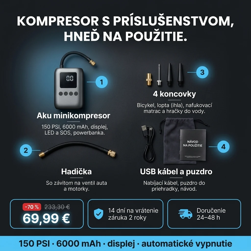 Aku minikompresor – ponuka: aku minikompresor s displejom, hadička a 4 koncovky, 69,99 € namiesto 233,30 €, platba pri prevzatí