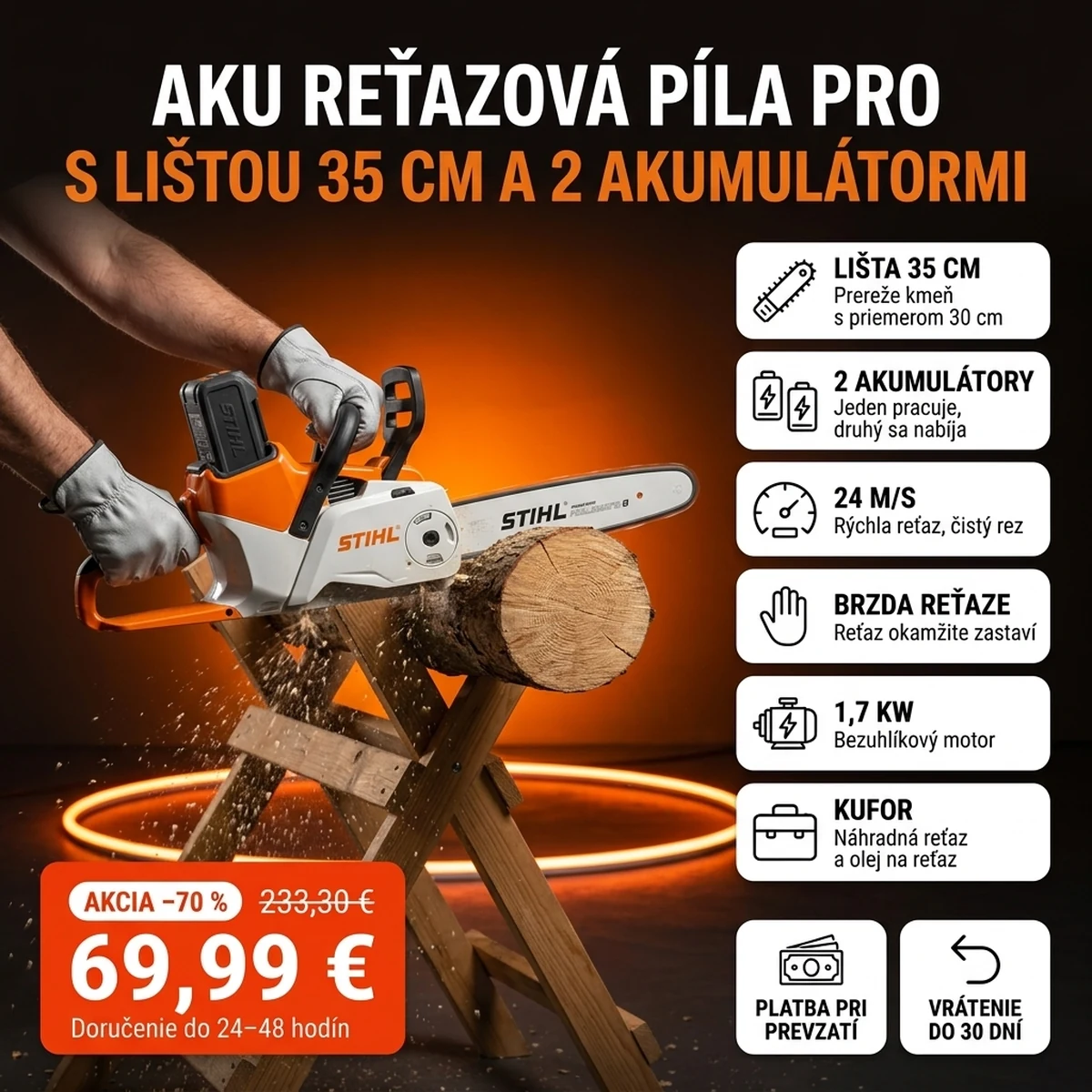 Aku reťazová píla PRO s dvoma akumulátormi na kartách hlavných vlastností