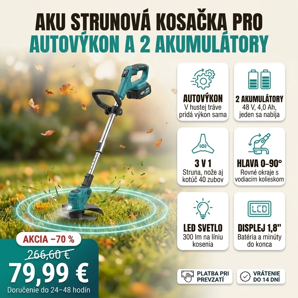 Aku strunová kosačka PRO s dvoma akumulátormi, displejom a LED svetlom na kartách hlavných vlastností