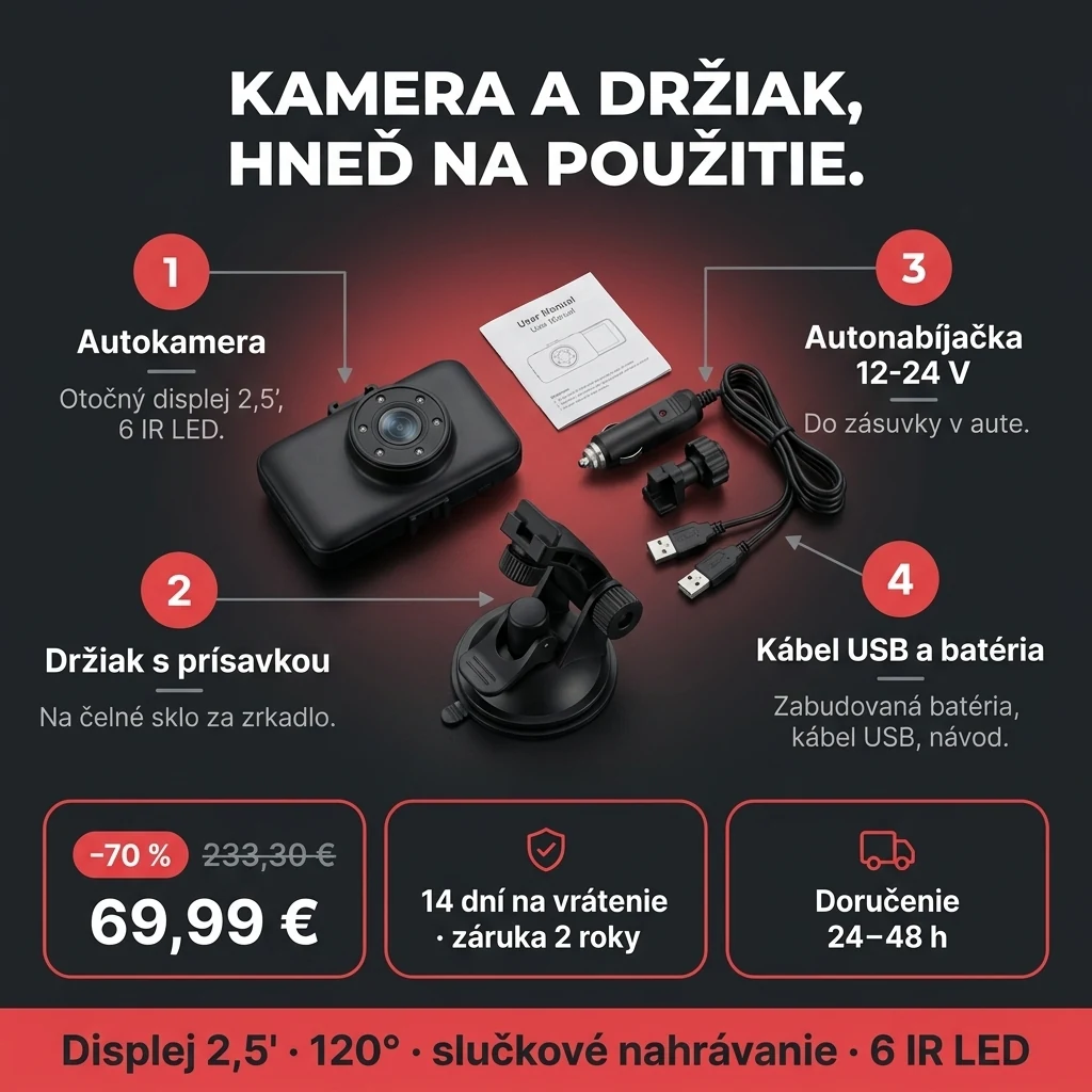 Autokamera s displejom – ponuka: autokamera s displejom 2,5" a držiakom, 69,99 € namiesto 233,30 €, platba pri prevzatí