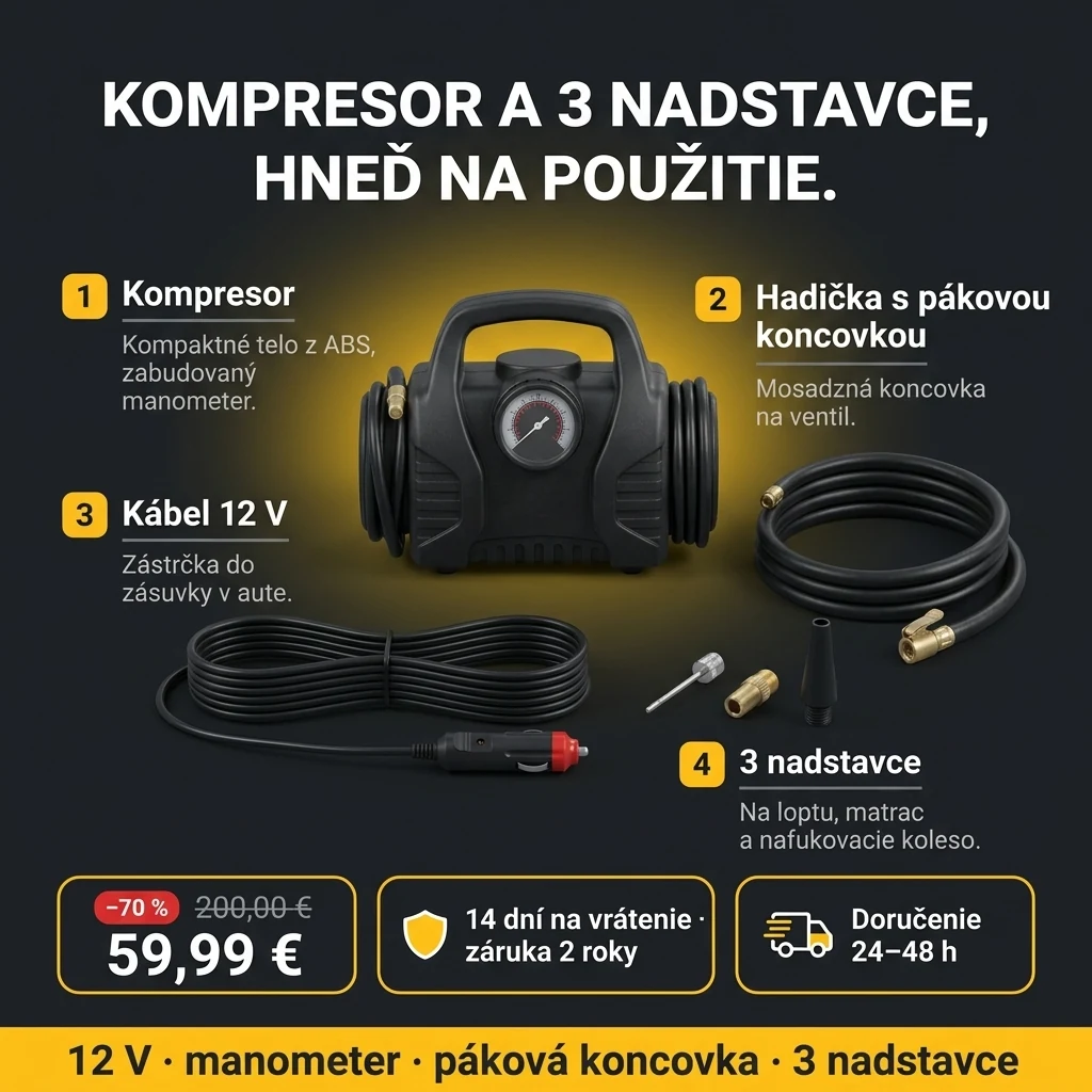 Autokompresor 12 V – ponuka: autokompresor 12 V s manometrom a 3 nadstavcami, 59,99 € namiesto 200,00 €, platba pri prevzatí