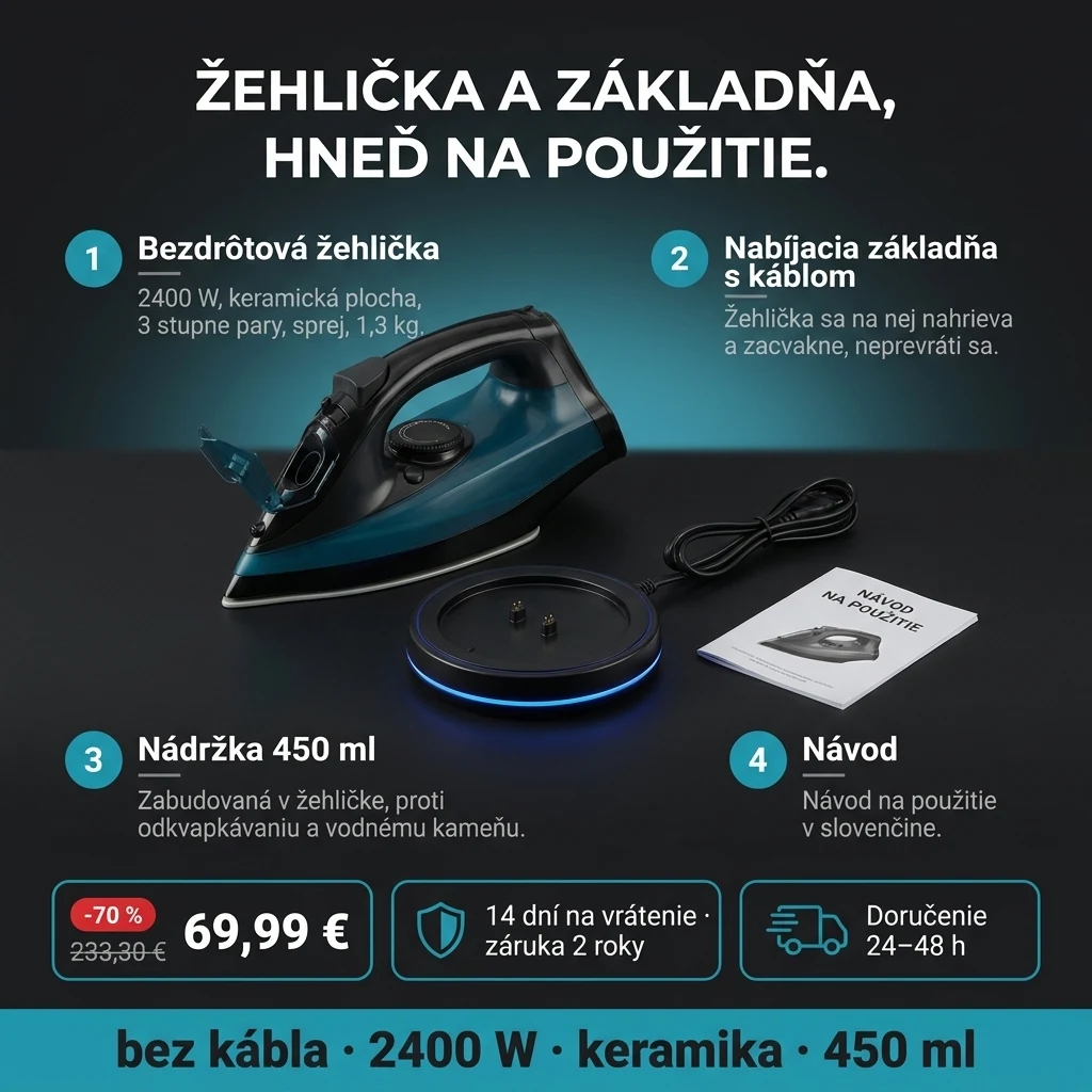Bezdrôtová žehlička – ponuka: bezdrôtová žehlička s keramickou plochou a nabíjacia základňa, 69,99 € namiesto 233,30 €, platba pri prevzatí