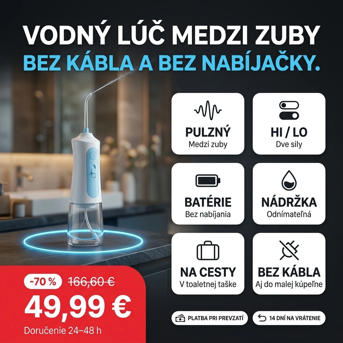 Bielo-modrá bezdrôtová ústna sprcha s lúčom, na kartách hlavných vlastností
