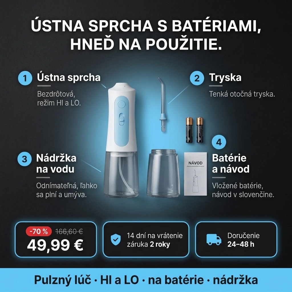 Bezdrôtová ústna sprcha – ponuka: bezdrôtová ústna sprcha na batérie s odnímateľnou nádržkou, 49,99 € namiesto 166,60 €, platba pri prevzatí